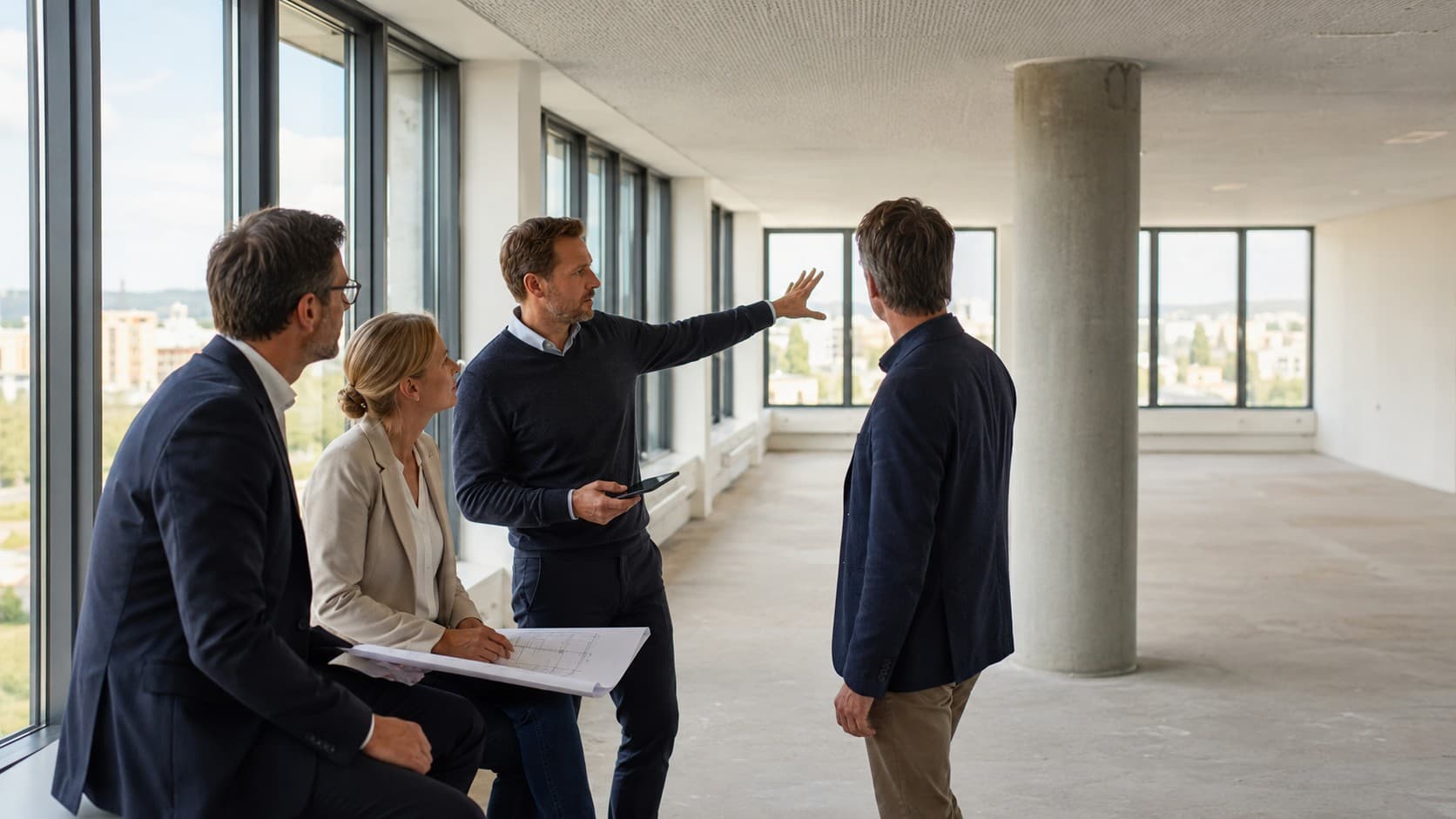 Diskussion zwischen Eigentümer, Makler und elbspace-Team im leerstehenden Pilotobjekt