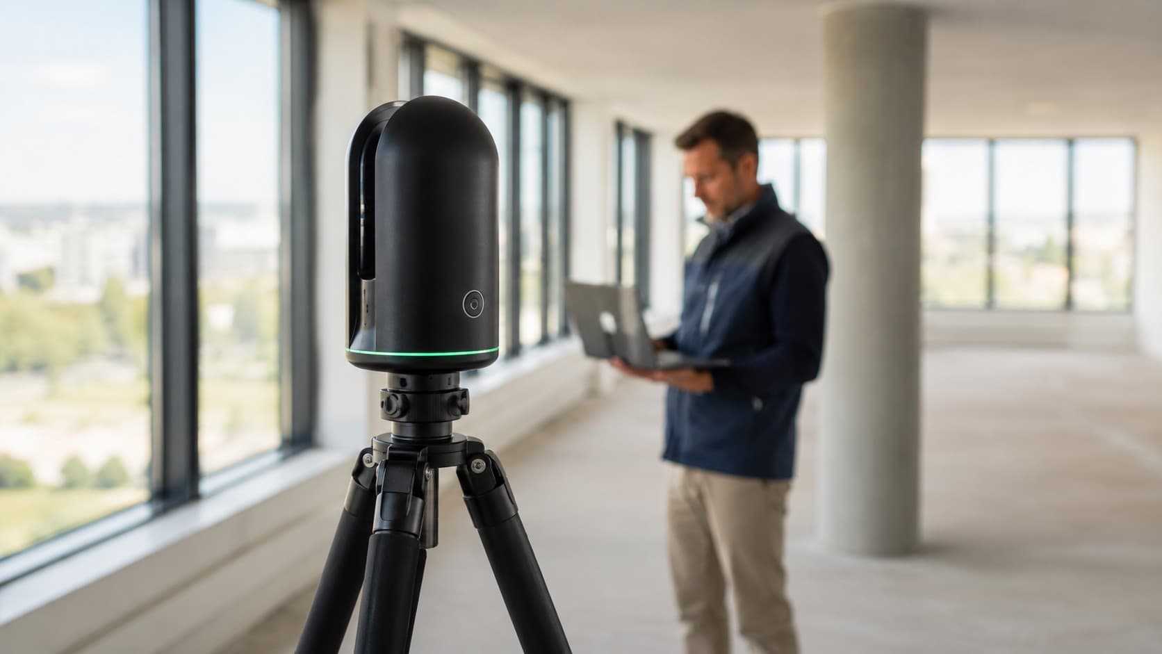 Laserscanner beim hochpräzisen Aufmaß der Bürofläche