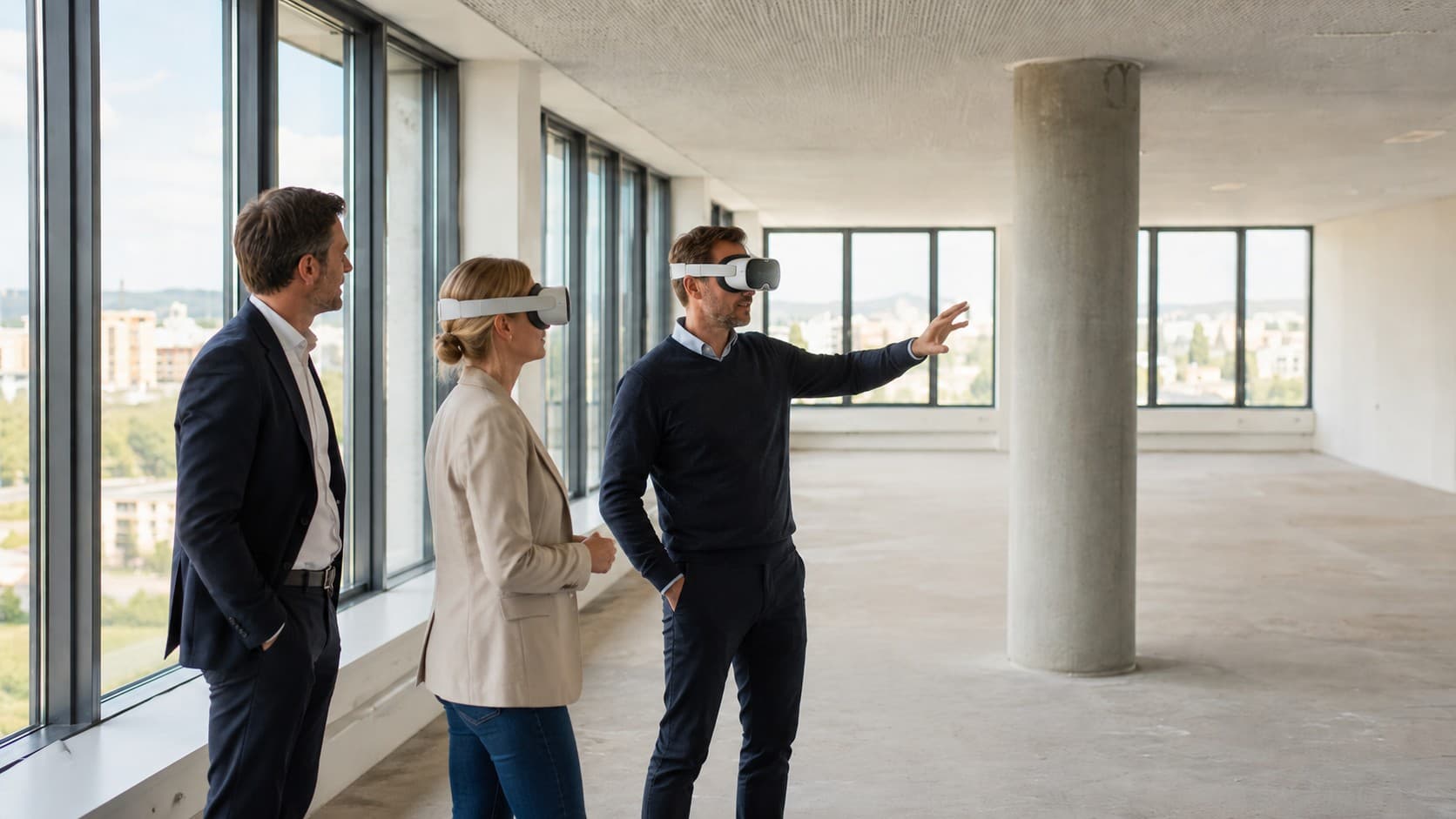 Mietinteressenten erleben die Bürovarianten mit Apple Vision Pro im Pilotobjekt